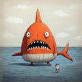 Quirky Cartoonish Illustration: Orange Man With A Fin By Sharks