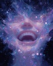 A whimsical representation of a laughing face with laughter creating a cascade of stars and celestial bodies emanating Royalty Free Stock Photo