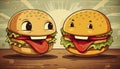 Whimsical retro cartoon characters of funny burgers in vintage fast food hamburger scene