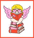 Whimsical Retro Valentine Bookish Cupid Reading on Books stack Bold Lined Hand Drawn Royalty Free Stock Photo
