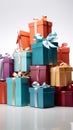 Whimsical reveal: Gift boxes pop from bag on clean white background. Playful elegance.