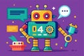 A whimsical robot displays an error message while holding a customizable tool, surrounded by vibrant digital icons, Oops! 404 Royalty Free Stock Photo