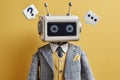 A whimsical robot in a suit with a questioning expression on a yellow background. Royalty Free Stock Photo