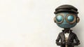 A whimsical robot in a tuxedo and cap stands against a white backdrop, with plenty of copy space Royalty Free Stock Photo