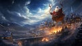 Whimsical Santa Claus Flying Over Festive Village
