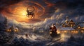 Whimsical Santa Claus Flying Over Festive Village