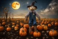 A whimsical scarecrow standing in a pumpkin patch under the Thanksgiving moonlight