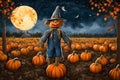 A whimsical scarecrow standing in a pumpkin patch under the Thanksgiving moonlight Royalty Free Stock Photo