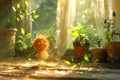 A whimsical scene capturing a small, fluffy creature joyfully basking in the sunlight amidst lush greenery.