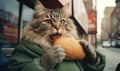 Whimsical scene of a cat in a green coat delightfully nibbling on a juicy hamburger. Created by AI