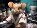 Baby pig doctor examines teddy bear