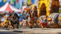 whimsical scene of dachshunds racing in traditional Bavarian lederhosen, large beer steins in the background, vibrant festival