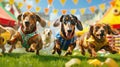 whimsical scene of dachshunds racing in traditional Bavarian lederhosen, large beer steins in the background, vibrant festival