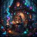 In the depths of the dark forest, a whimsically eccentric witch resides in her enchanted cottage Royalty Free Stock Photo