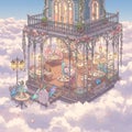 Whimsical scene of an elevated cafÃ© floating among clouds, featuring adorable, Royalty Free Stock Photo