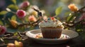 A Tiny Bird Perched on a Branch Beside a Delicious Cupcake in a Sunny Garden Royalty Free Stock Photo