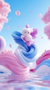 A whimsical scene featuring a cute character embracing colorful, flowing waves in a serene setting Royalty Free Stock Photo