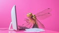 Dragonfly in Business Attire at Computer Desk