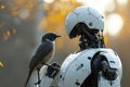 A whimsical scene featuring a robot wearing a helmet with a bird perched on top, creating an unexpected and charming partnership,