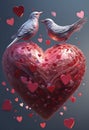 Whimsical scene featuring two birds perched atop a large, sparkling heart surrounded by floating hear