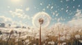 A field of dandelions transformed into a sea of fluffy, white seed heads