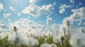 A whimsical scene of a field of dandelions