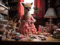 Fluffy llama fashion designer inspects tiny dress Camera settings