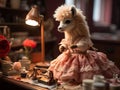 Fluffy llama fashion designer inspects tiny dress Camera settings