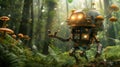 Whimsical Scene of a Large Colorful Robot Standing in a Lush Forest with Mushrooms