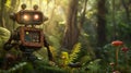 Whimsical Scene of a Large Colorful Robot Standing in a Lush Forest with Mushrooms