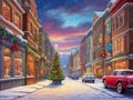 A Festive Street Scene: Cartoon Christmas Tree, Passersby, and Holiday Spirit. Generative AI