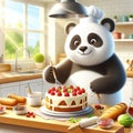 Whimsical Scene: Panda Baking Cake in a Sunny Kitchen\