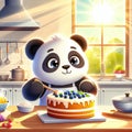 Whimsical Scene: Panda Baking Cake in a Sunny Kitchen\