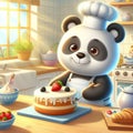 Whimsical Scene: Panda Baking Cake in a Sunny Kitchen\