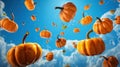 Whimsical scene: Pumpkins falling from the sky like autumn blessings Royalty Free Stock Photo