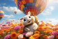 Whimsical scene of a rabbit in a air balloon