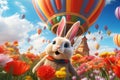 Whimsical scene of a rabbit in a air balloon