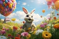 Whimsical scene of a rabbit in a air balloon