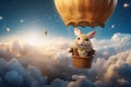 Whimsical scene of a rabbit in a air balloon