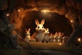 Whimsical scene of a rabbit family enjoying a