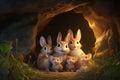 Whimsical scene of a rabbit family enjoying a