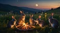 Five Adorable Rabbits Gather Around a Campfire Under the Full Moon Royalty Free Stock Photo