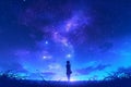 Silhouette girl anime night sky field shooting stars Milky Way galaxy illustration Royalty Free Stock Photo