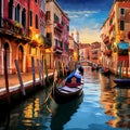 Whimsical scene of vibrant gondolas drifting along picturesque canals in Venice