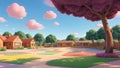 Whimsical School Landscape: Cartoon Illustration in Full Color