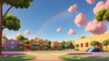 Whimsical School Landscape: Cartoon Illustration in Full Color