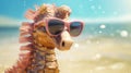 Whimsical seahorse floats toward the beach, donning tiny sunglasses, a marine marvel on sandy shores, Ai Generated