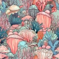 Whimsical seamles pattern with coral, seaweed and anemones. Intricate marine life texture design for gift wrap. Generative AI