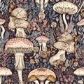 Whimsical seamles pattern with fairytale amanita mushrooms. Intricate background with mushrooms, ornate detailed wallpapers