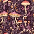 Whimsical seamles pattern with fairytale mushrooms. Intricate background with toadstool mushrooms in purple tones, texture design